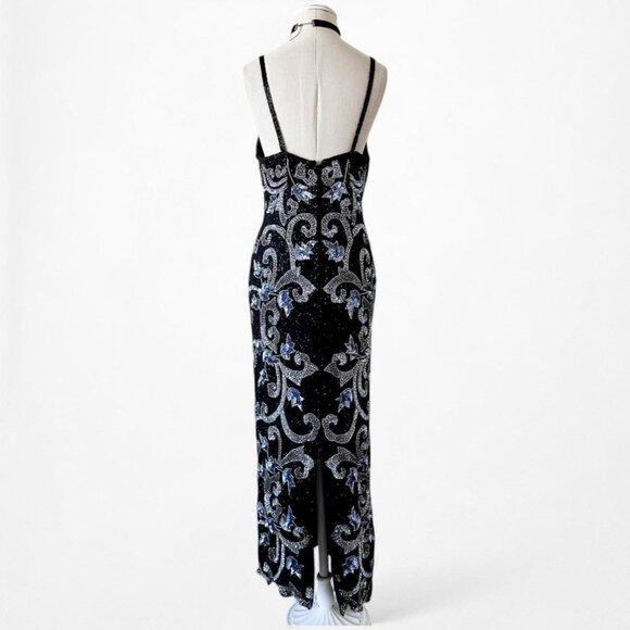 Vintage Black Blue Floral Beaded Silk Bodycon Maxi Prom Dress Size M - Picture 8 of 8